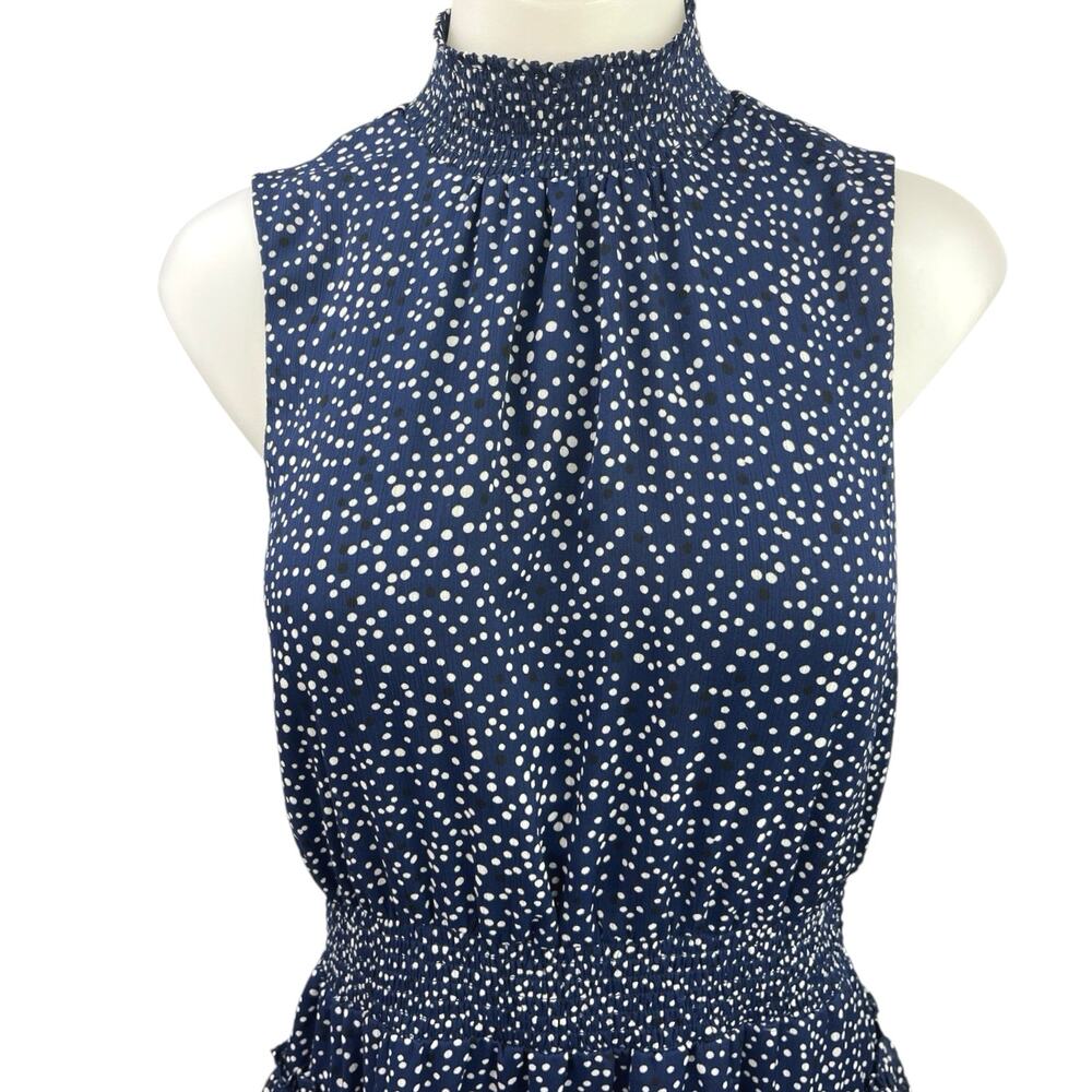 Express Navy Blue White Polka Dots Turtleneck Sleeveless Ruffle Tiered Dress M - Picture 3 of 5